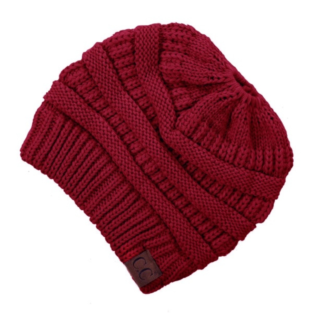 Messy Bun Knitted Beanie Red